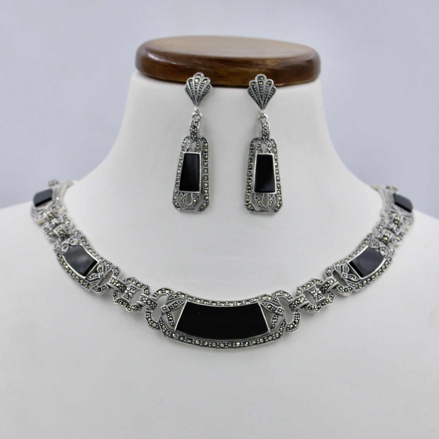 Unique Marcasite & Black Onyx Statement Necklace & Earrings in Sterling Silver