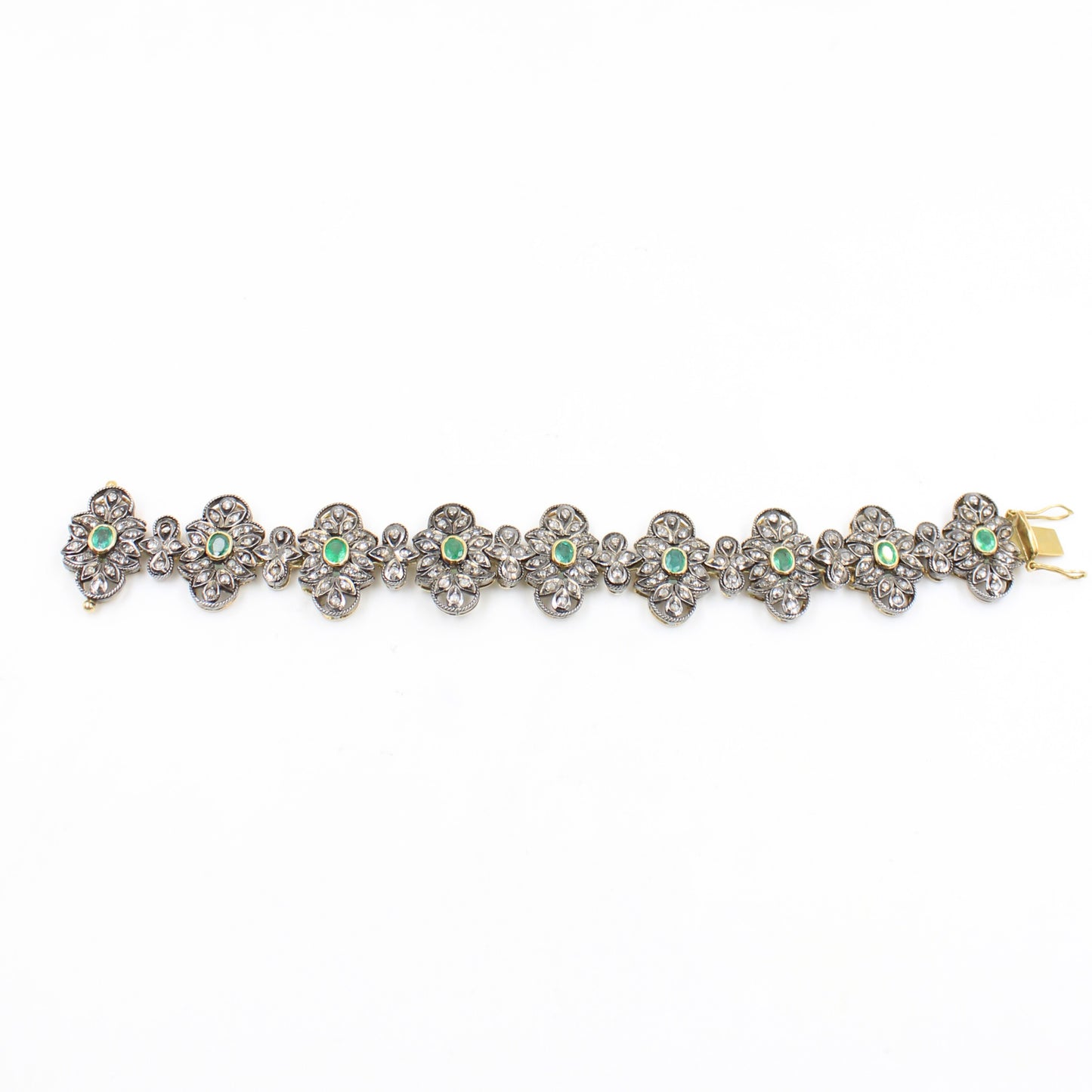 Victorian 6.5 TCW Emerald & Diamond Bracelet in 14K Gold and Sterling Silver