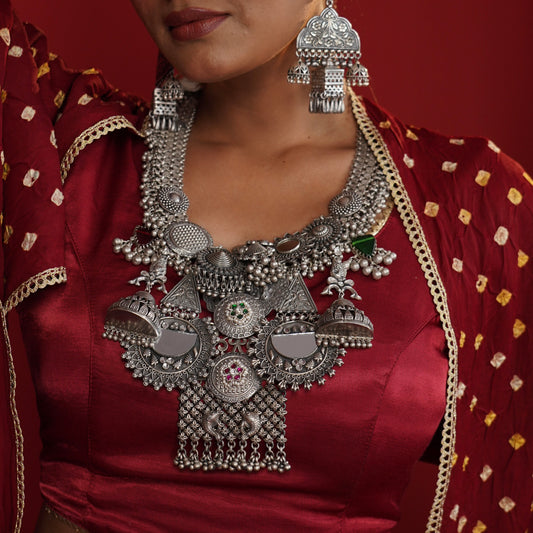 Antique Indian Rajasthani Tribal Long Statement Multi Pendant Necklace with Mirror and Kundan Work in Silver Circa 1930 Collection Piece