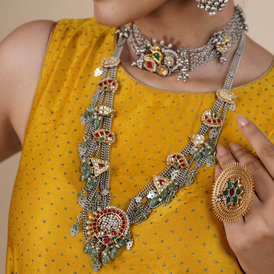 Handmade Rajasthani Two Tone Indian Fusion Tribal Statement Long Necklace with Kundan Work in Sterling Silver