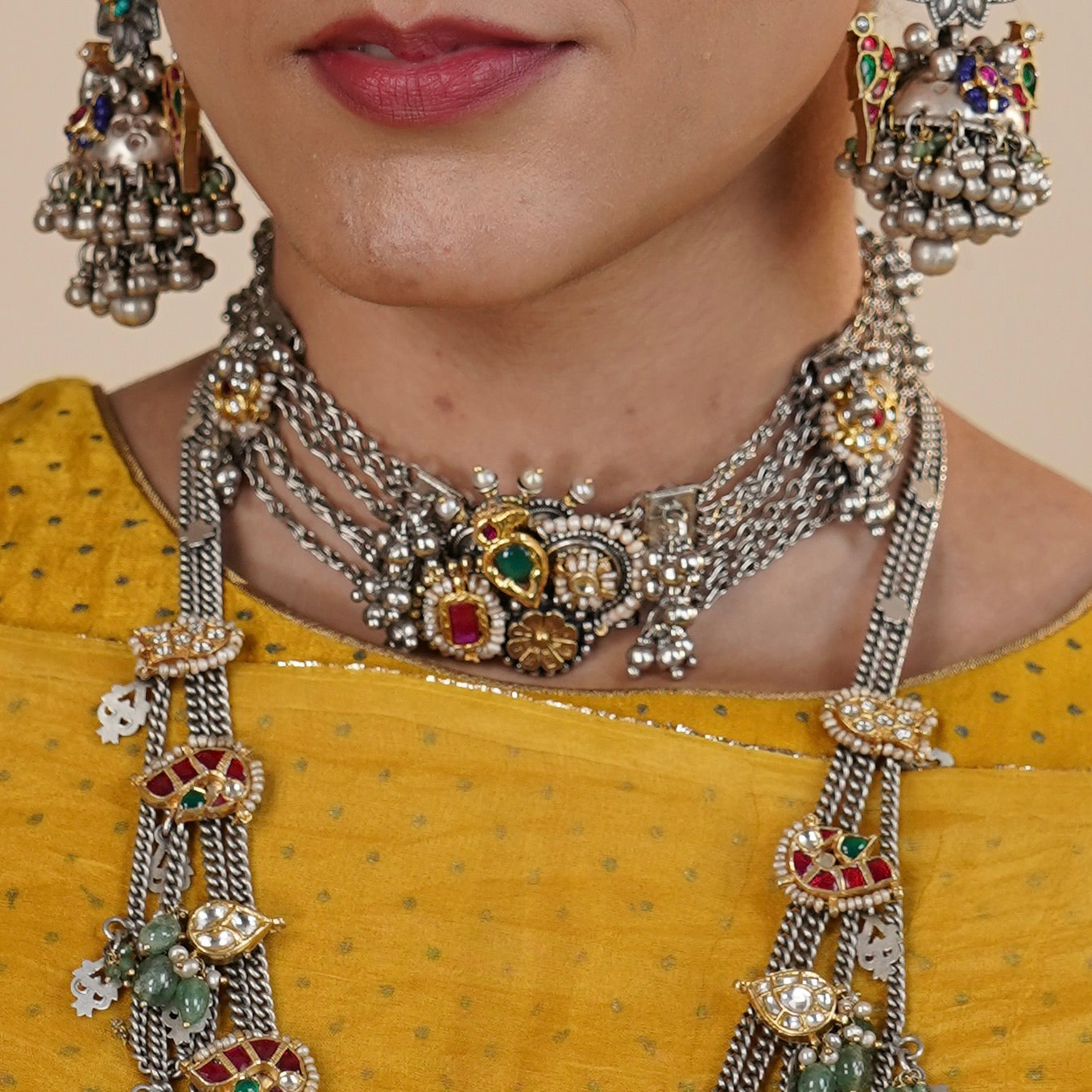 Handmade Rajasthani Two Tone Indian Fusion Tribal Statement Choker Necklace with Kundan Work in Sterling Silver