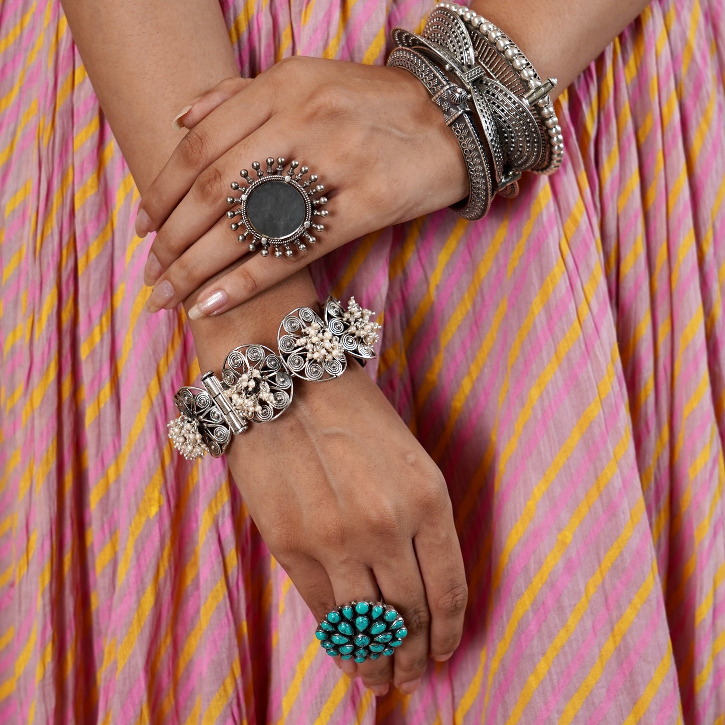 Handmade Pearl Charm Statement Kada in Sterling Silver
