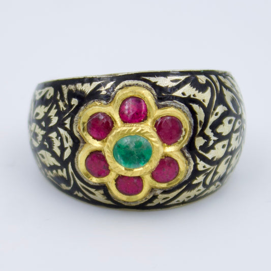 Antique Floral Meenakari Enamel Emerald and Ruby Kundan Ring in Silver & 22K Gold Size