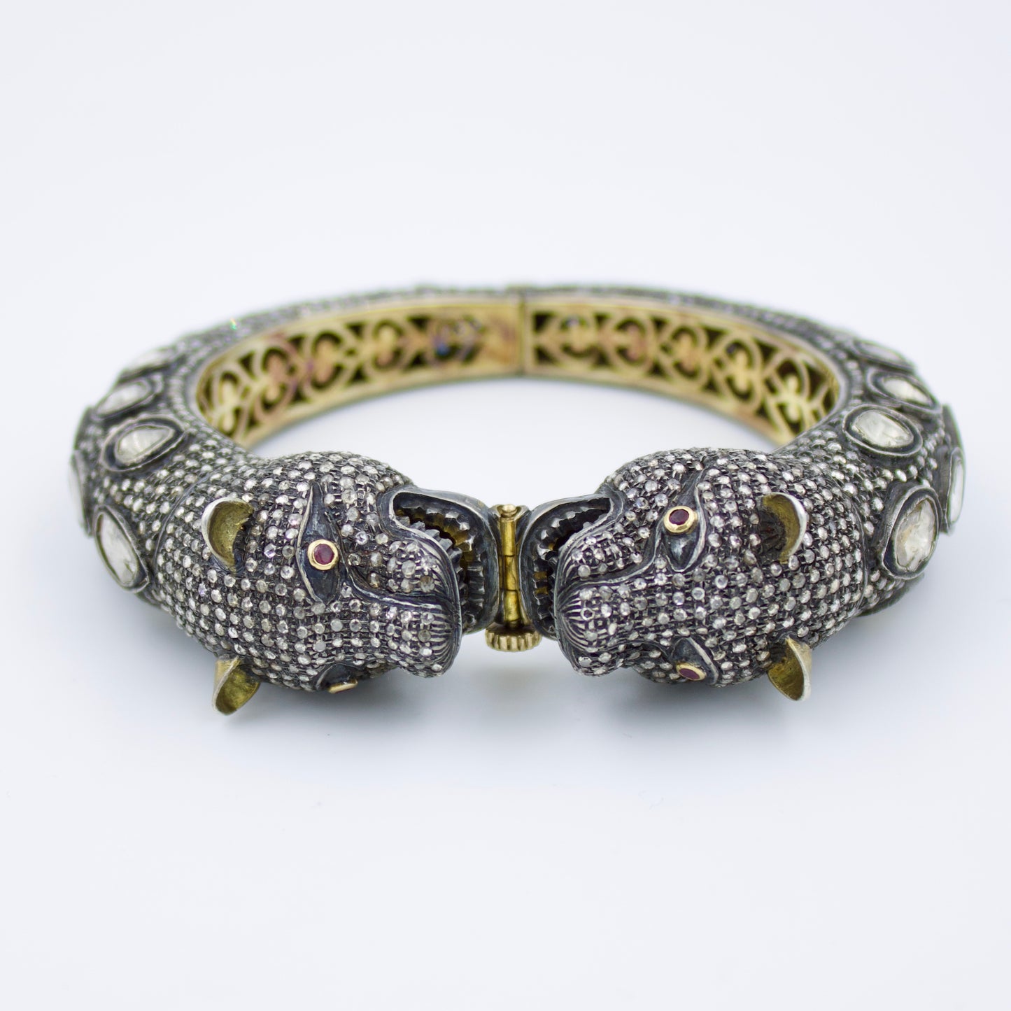 Victorian Panther Hinged Statement Bracelet with Natural Diamond, Rubies and Polki Diamond in 14K Yellow Gold and Sterling Silver