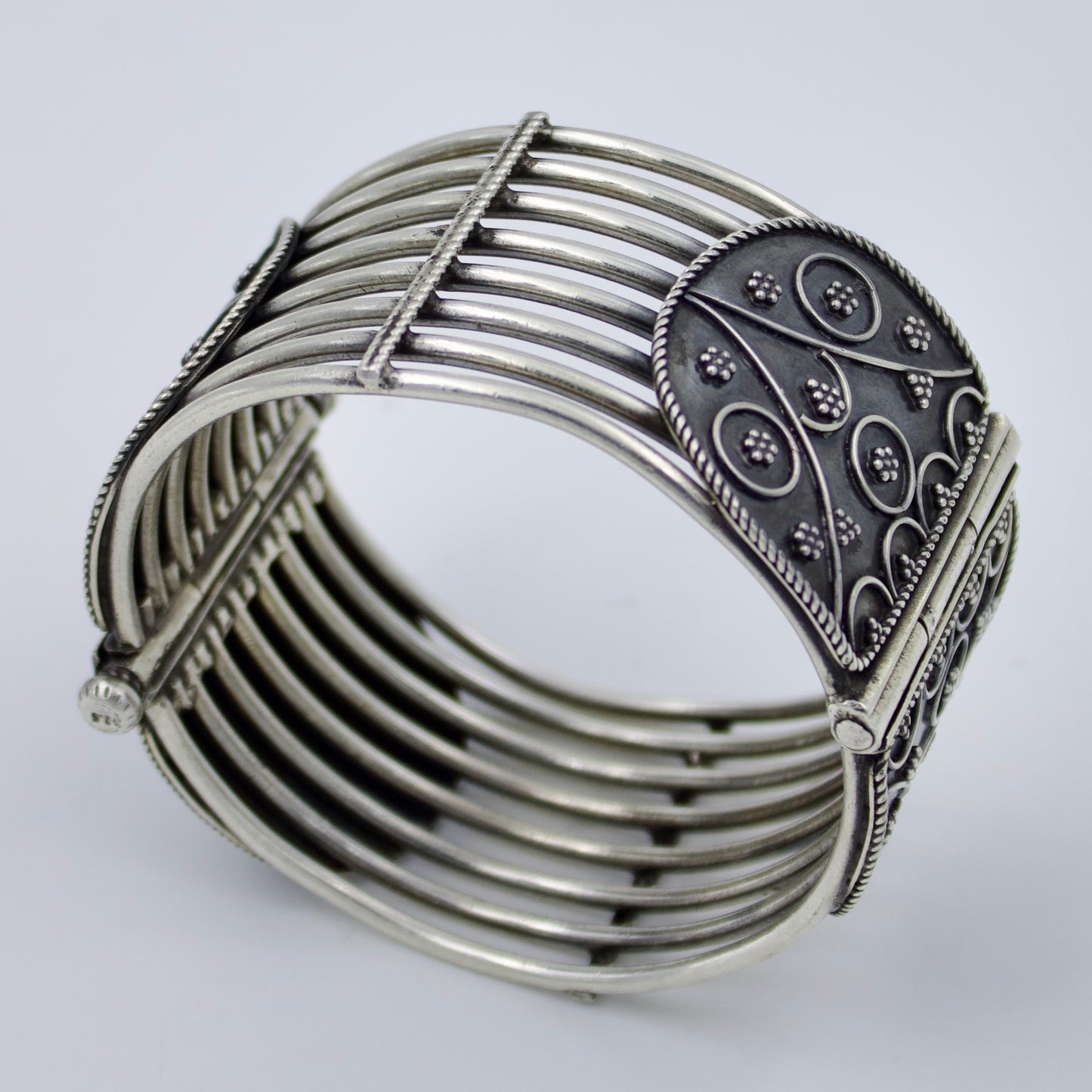 Handmade Etched Hinged Broad Tribal Indian Kada Bangle in Sterling Silver