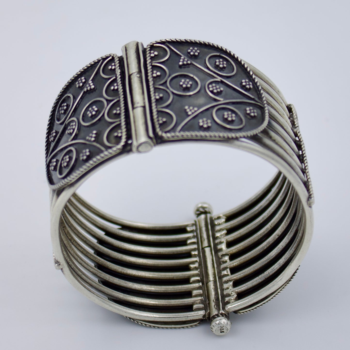 Handmade Etched Hinged Broad Tribal Indian Kada Bangle in Sterling Silver