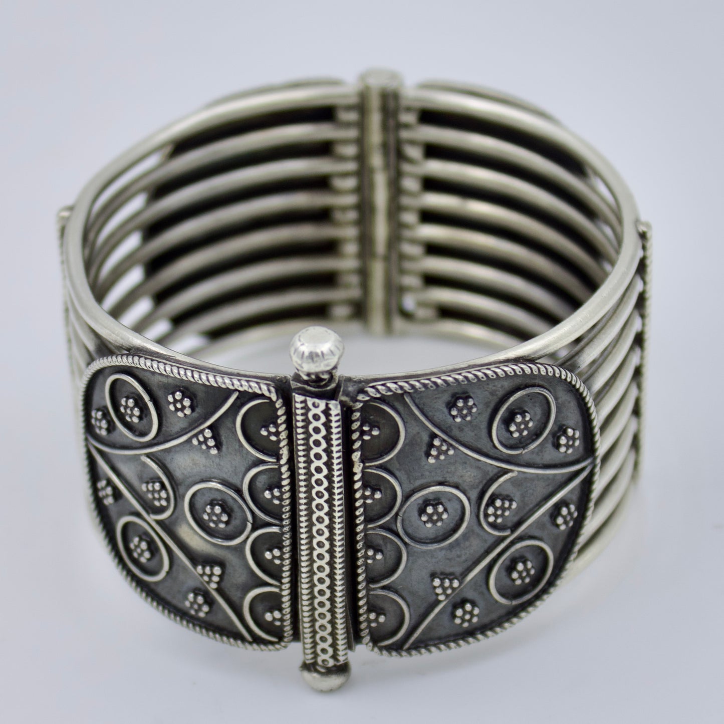 Handmade Etched Hinged Broad Tribal Indian Kada Bangle in Sterling Silver