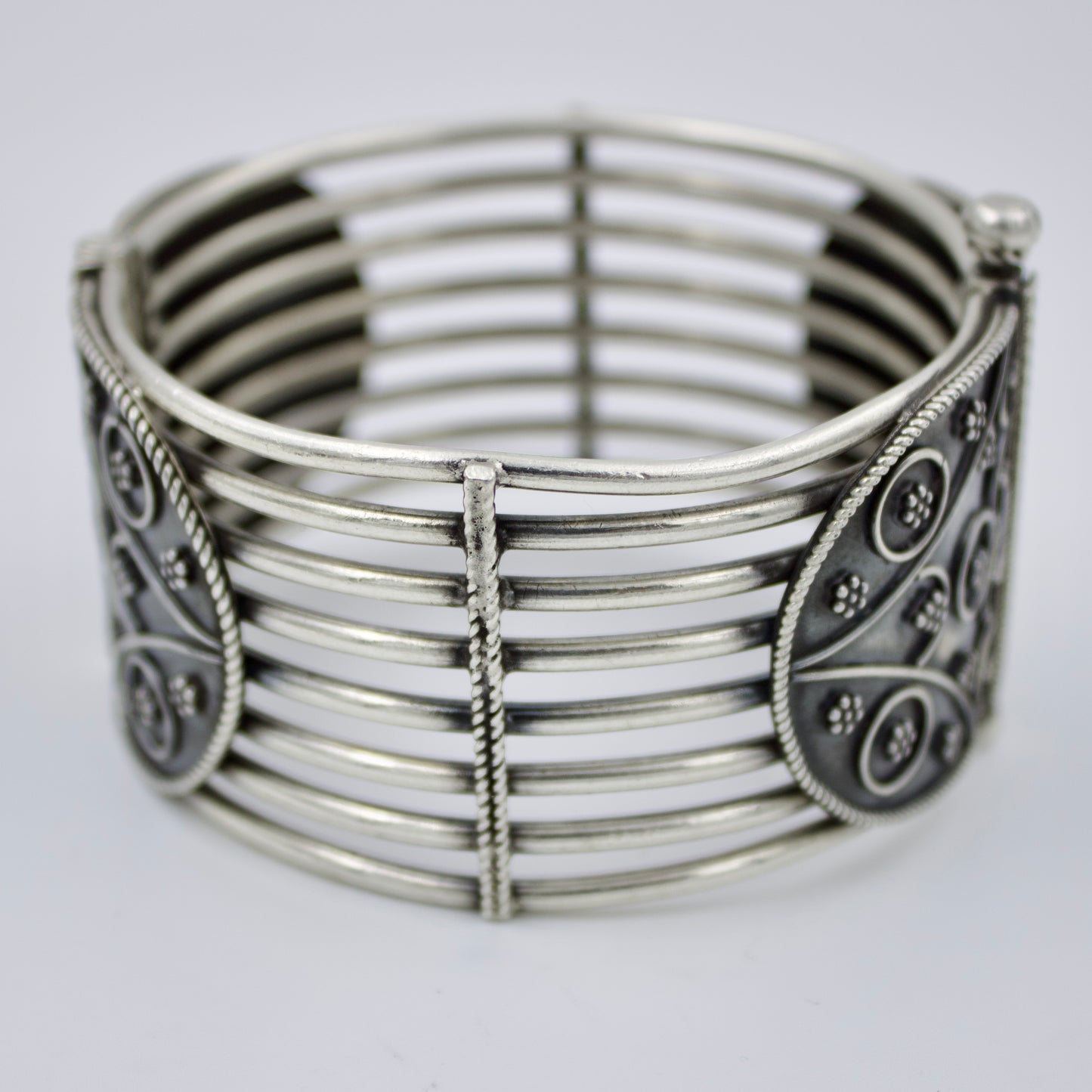 Handmade Etched Hinged Broad Tribal Indian Kada Bangle in Sterling Silver