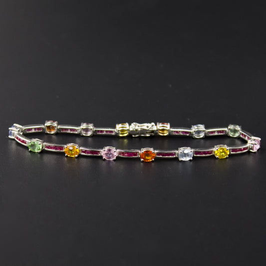 Elegant AAA Rainbow Sapphire and Ruby Luxury Statement Tennis Bracelet in 18K White Gold