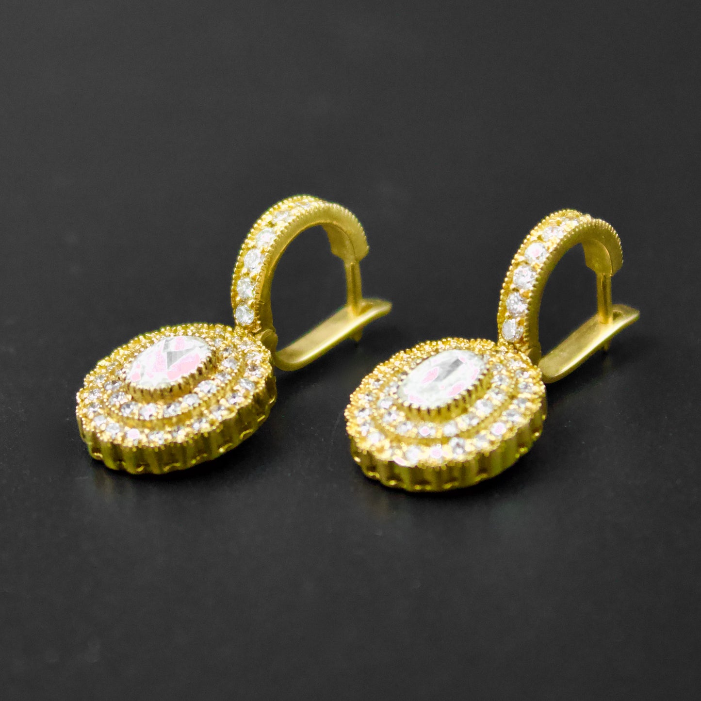 Elegant Natural 2.0 TCW Rose Cut Diamond Statement Cluster Drop Earrings with Filigree Work Back in 18K Yellow Brushed Gold