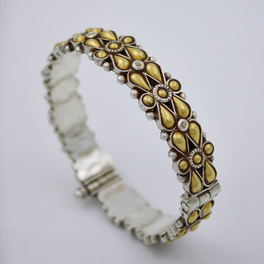 Handmade Indian Barmeri Work Gold and Silver Dual Toned Floral Statement Hinged Bangle Bracelet in Sterling Silver