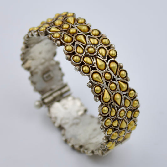 Handmade Indian Barmeri Work Gold and Silver Dual Toned Floral Statement Broad Hinged Bangle Bracelet in Sterling Silver