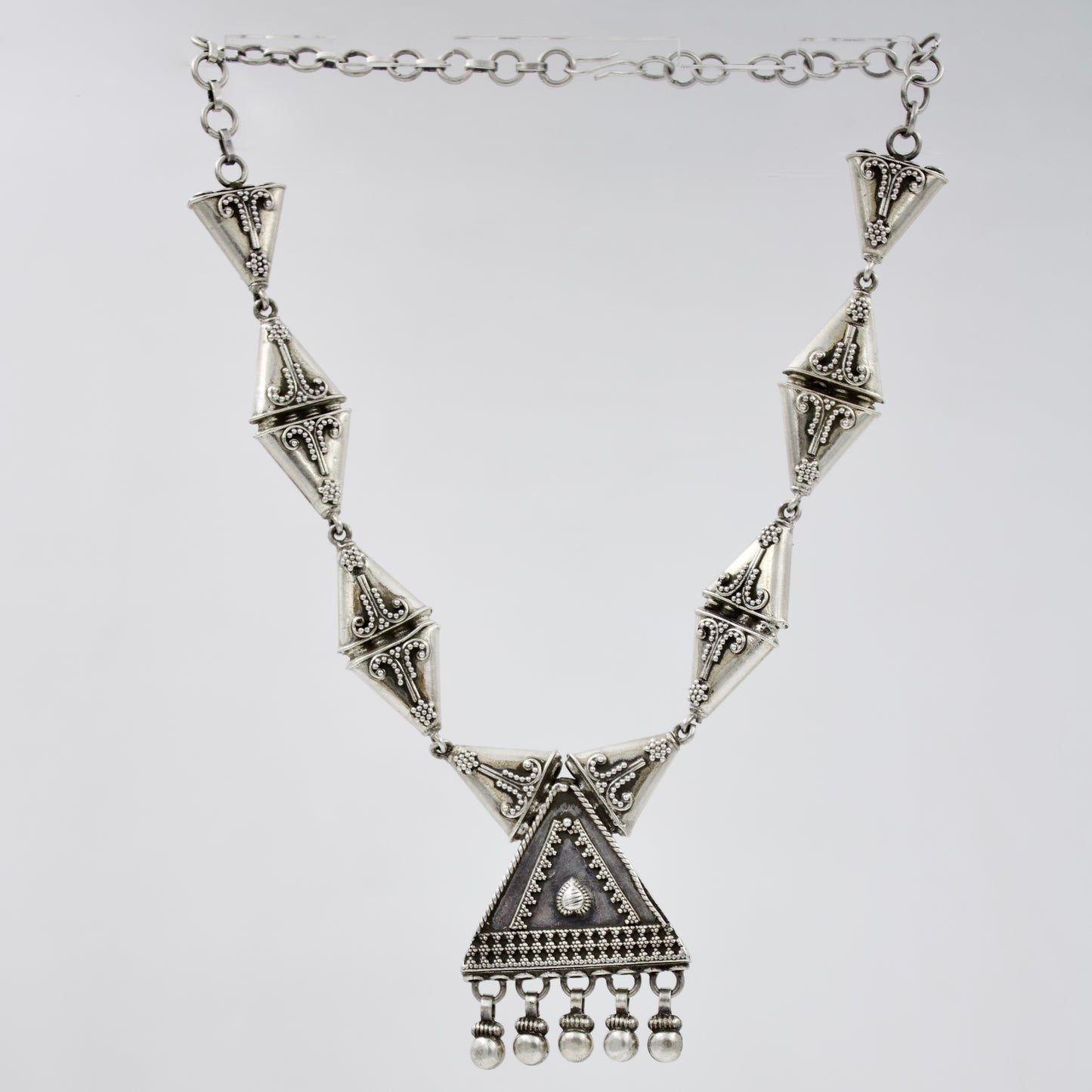 Hand Etched Rajasthani Tribal Statement Pendant Necklace in Sterling Silver