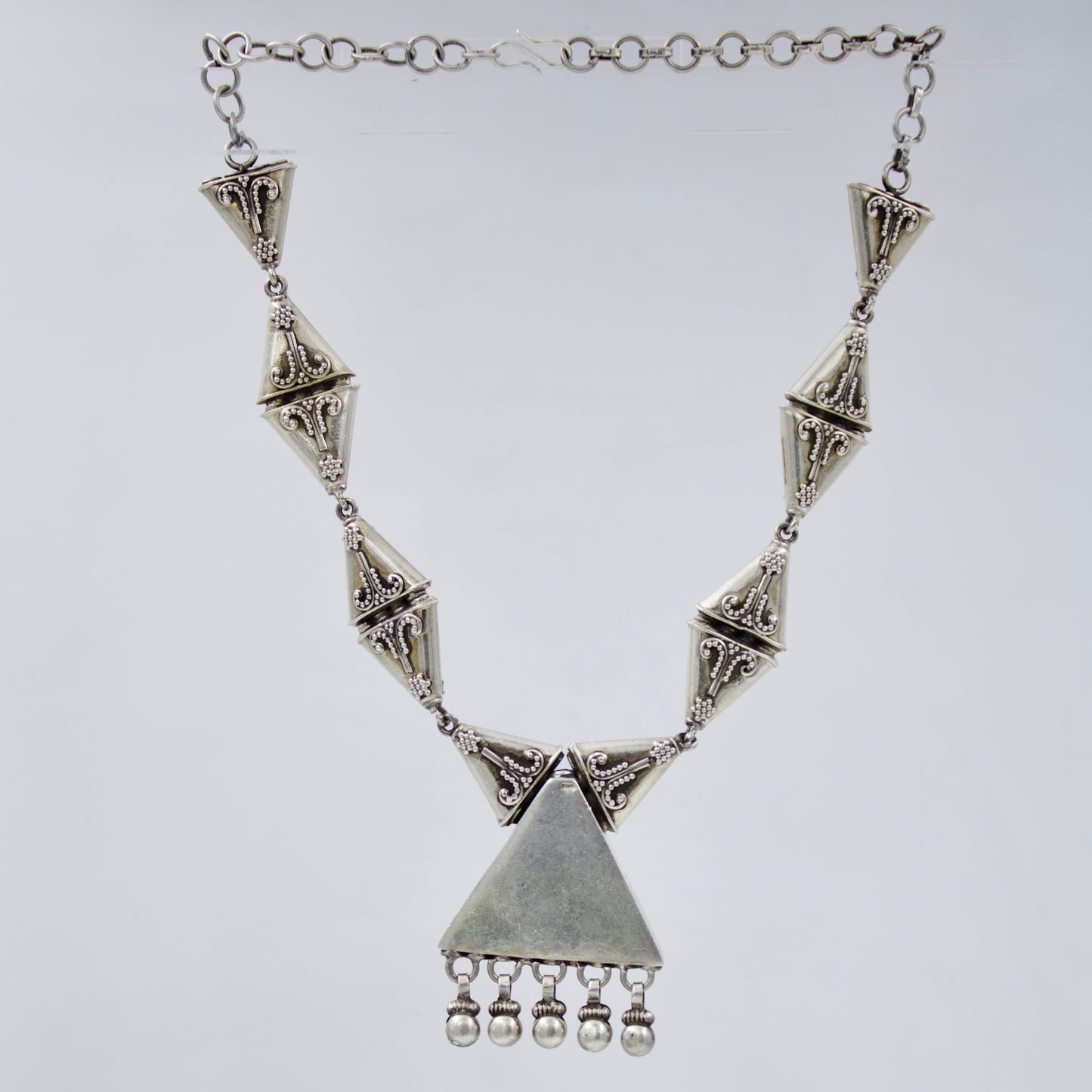 Hand Etched Rajasthani Tribal Statement Pendant Necklace in Sterling Silver