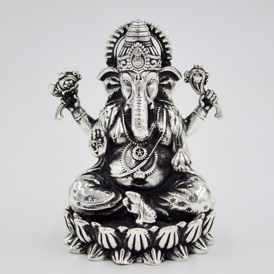 Handmade Lord Ganesha sitting with Mouse Idol in Sterling Silver for Puja