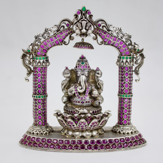 Handmade Lord Ganesha with Frame Idol adorned with Ruby & Emerald in Sterling Silver