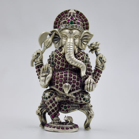 Handmade Lord Ganesha sitting with Mouse Idol studded with Ruby & Emerald in Sterling Silver