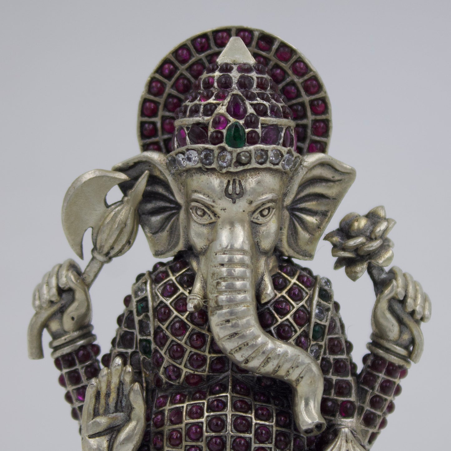 Handmade Lord Ganesha sitting with Mouse Idol studded with Ruby & Emerald in Sterling Silver