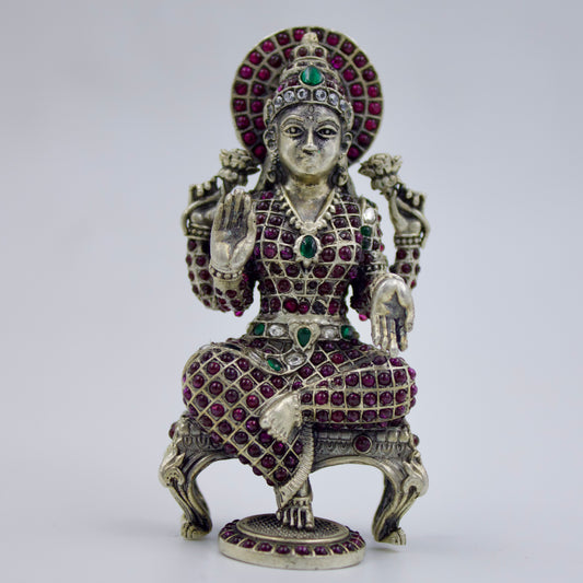 Handmade Goddess Laxmiji Idol studded with Ruby & Emerald in Sterling Silver