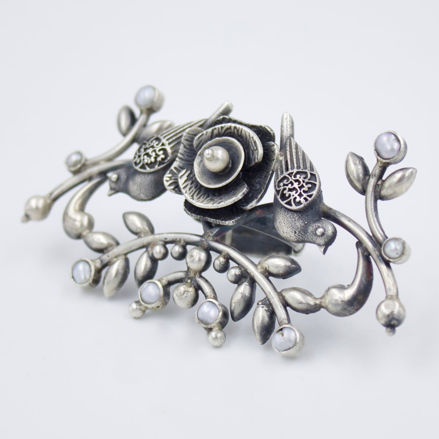 Handmade Tribal Indian Bird Statement Cocktail Ring with Pearls in Sterling Silver