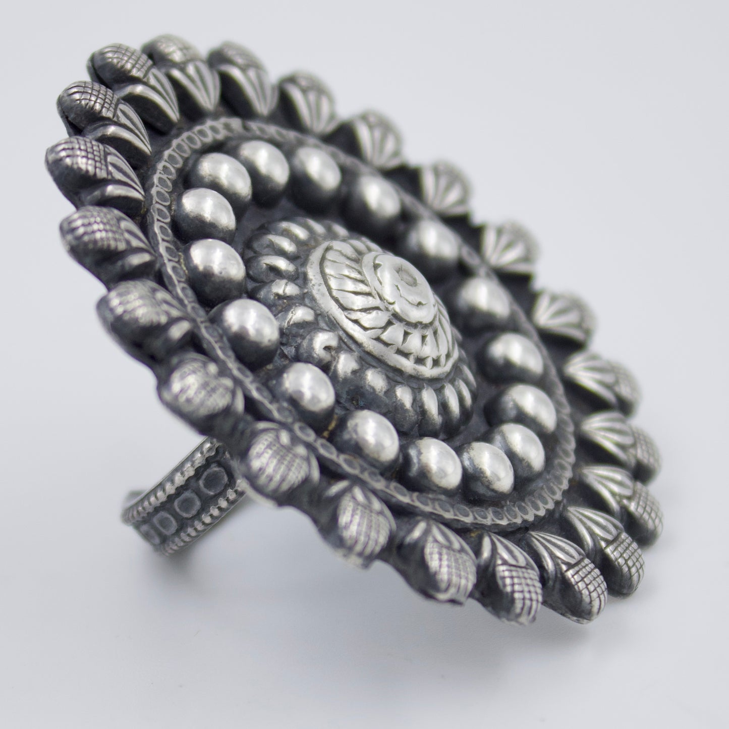 Handmade Etched Tribal Indian Statement Round Cocktail Ring in Sterling Silver