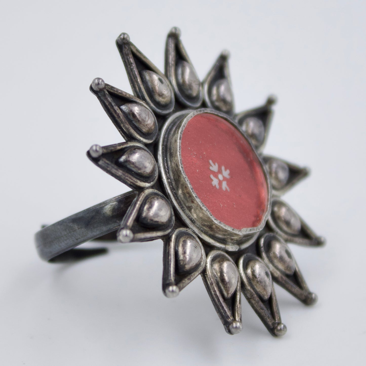 Handmade Tribal Indian Rajasthani Hand Painted Statement Cocktail Ring in Sterling Silver