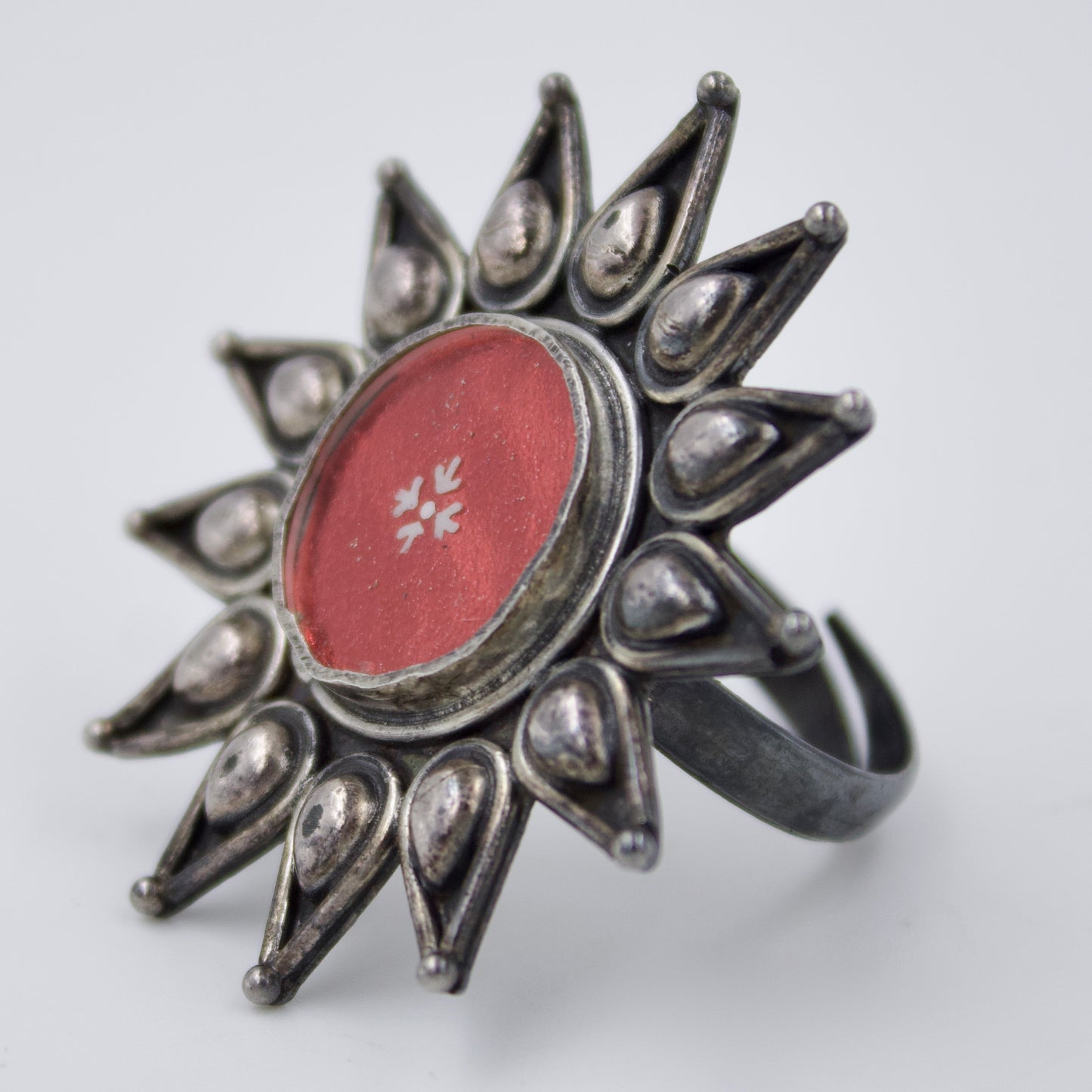 Handmade Tribal Indian Rajasthani Hand Painted Statement Cocktail Ring in Sterling Silver