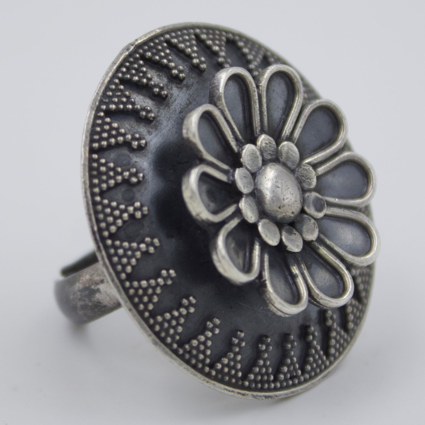 Handmade Etched Tribal Indian 3D Floral Statement Cocktail Ring in Sterling Silver Adjustable Size