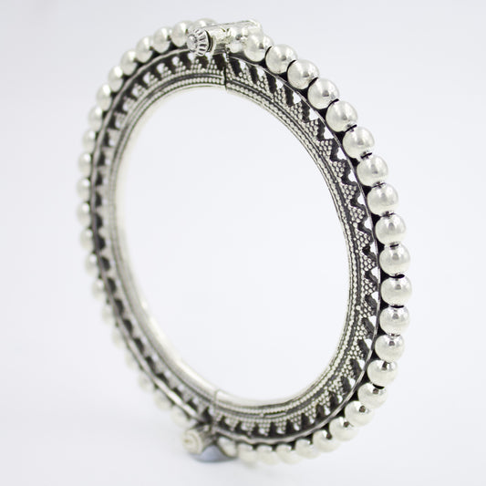 Handmade Rava Work Ball Statement Hinged Kada Bangle in Sterling Silver