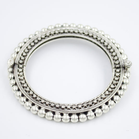 Handmade Rava Work Ball Statement Hinged Kada Bangle in Sterling Silver