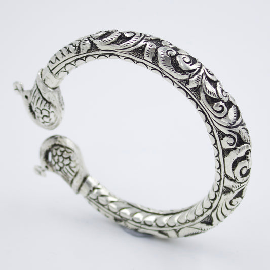 Hand Etched Peacock Motif Indian Tribal Statement Chitai Cuff Bracelet in Sterling Silver for Men and Women