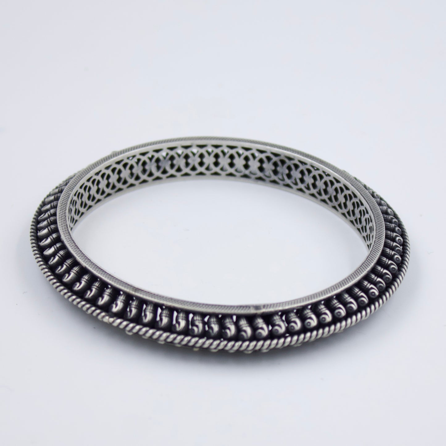 Elegant South Indian Handmade 3D Filigree Temple Work Slip-On Kada Bangle in Sterling Silver