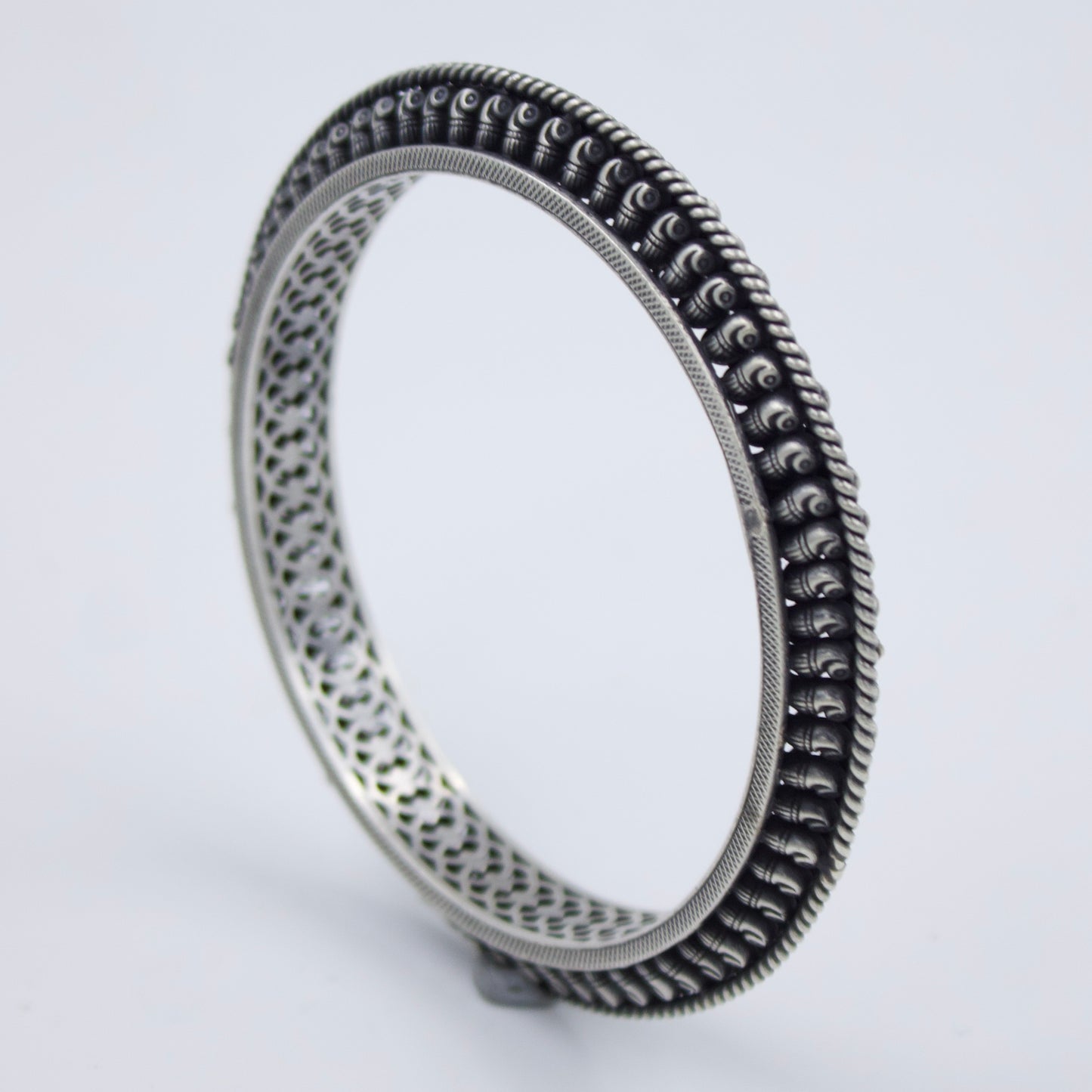 Elegant South Indian Handmade 3D Filigree Temple Work Slip-On Kada Bangle in Sterling Silver