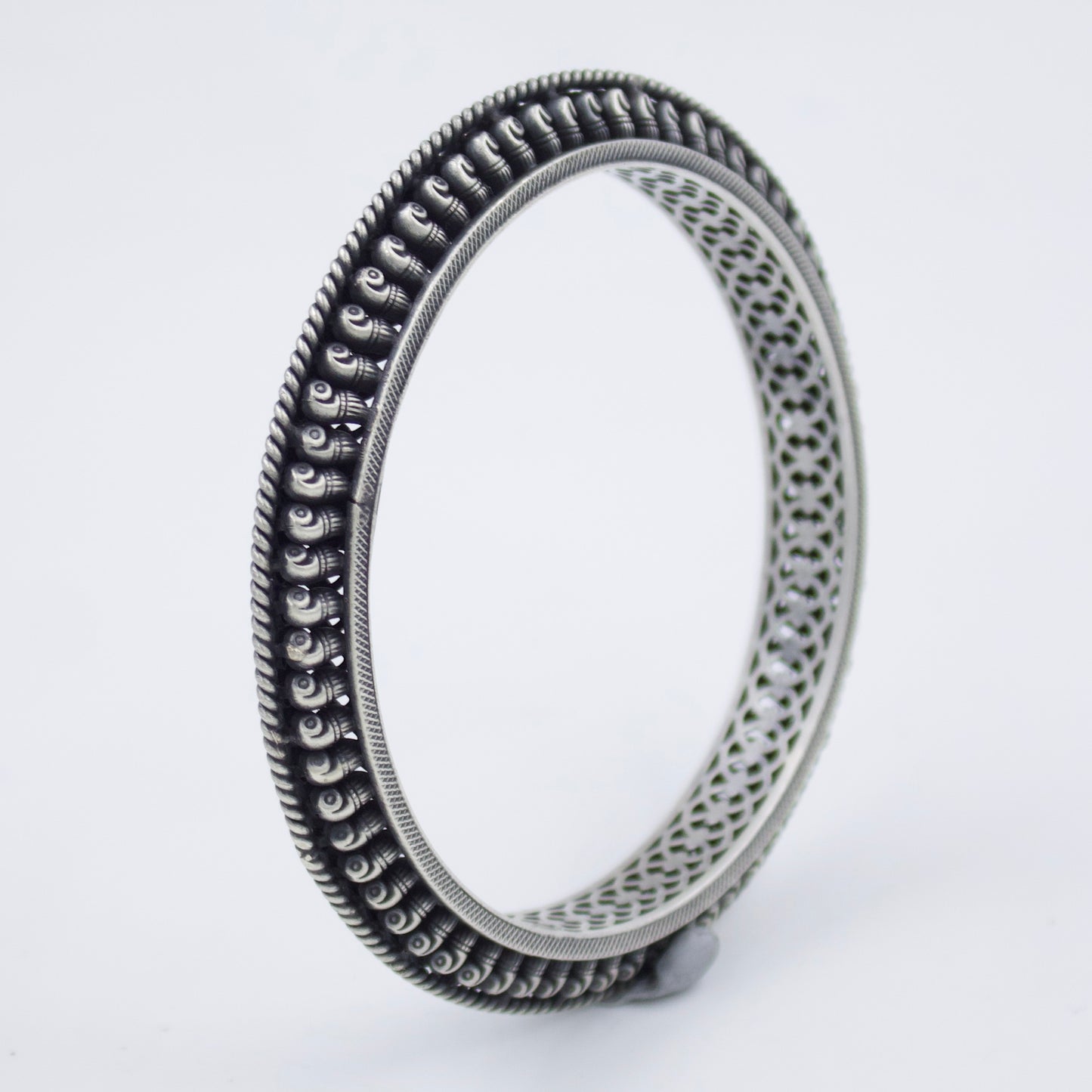 Elegant South Indian Handmade 3D Filigree Temple Work Slip-On Kada Bangle in Sterling Silver