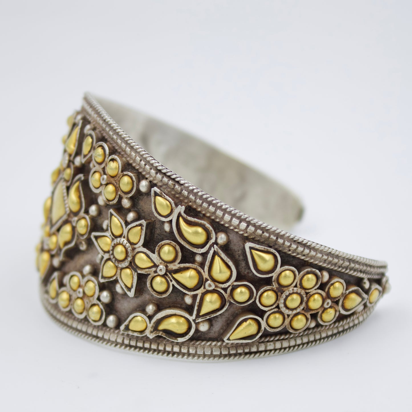 Handmade Barmeri Two-Tone Gold and Silver Etched Statement Cuff Bracelet in Sterling Silver