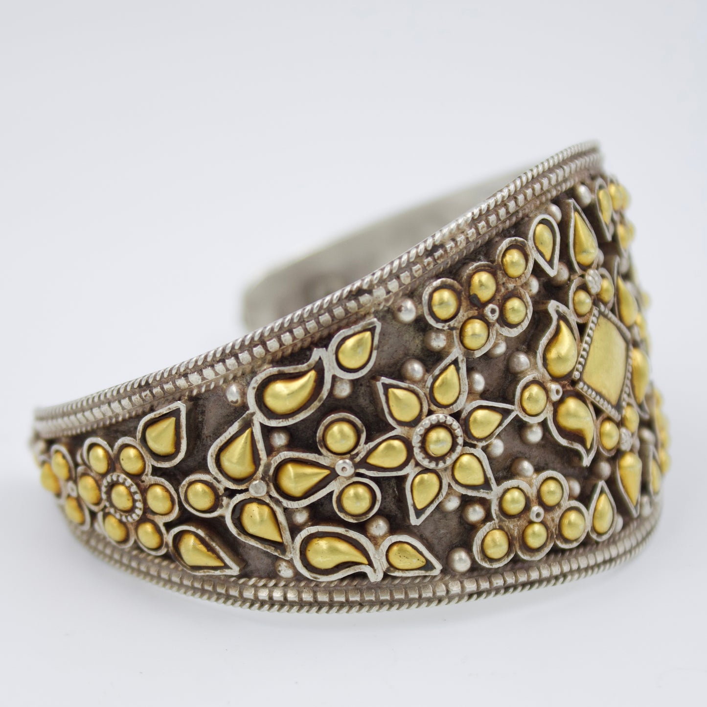 Handmade Barmeri Two-Tone Gold and Silver Etched Statement Cuff Bracelet in Sterling Silver