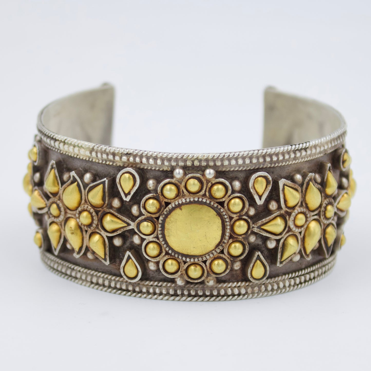 Handmade Barmeri Two-Tone Gold and Silver Etched Statement Cuff Bracelet in Sterling Silver