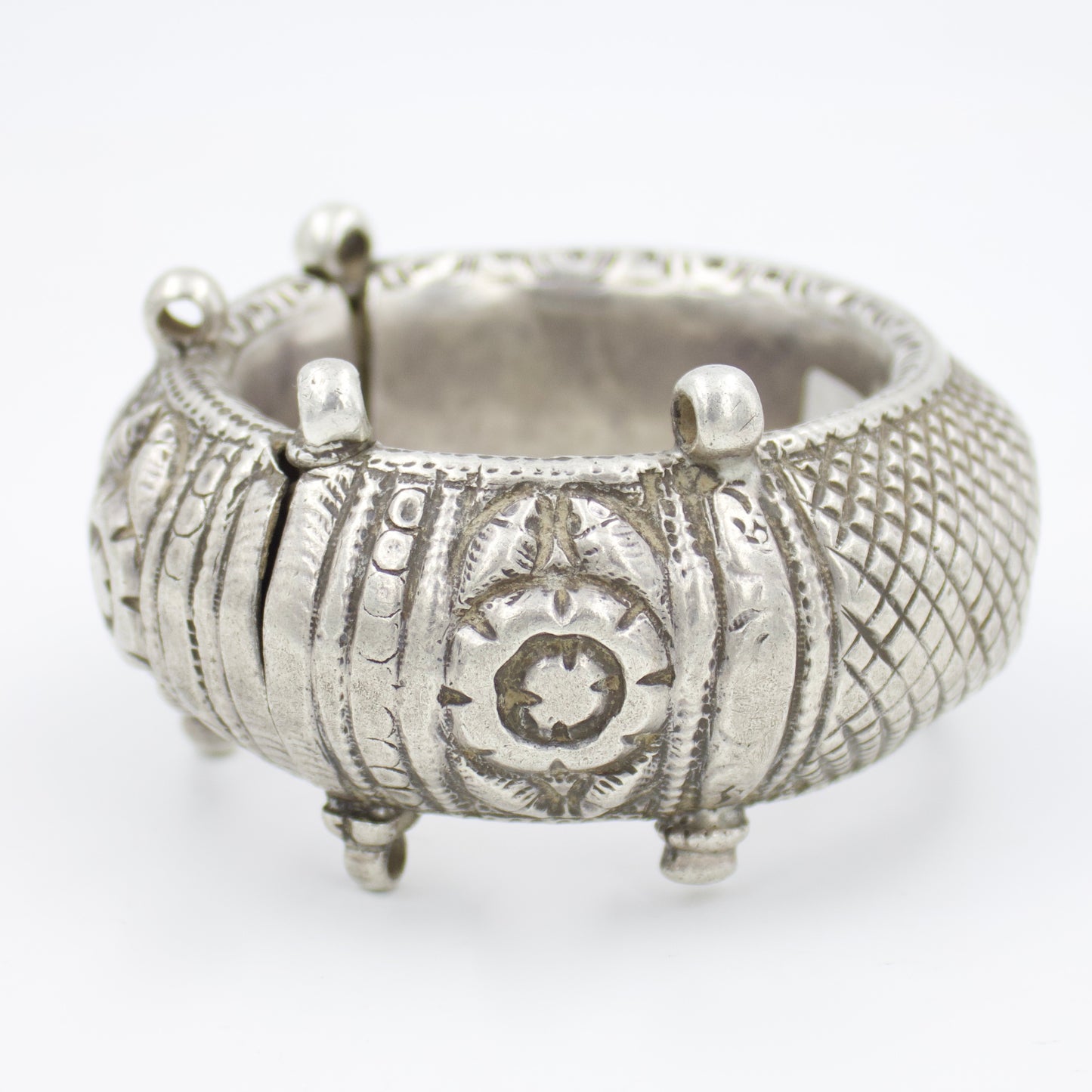 Antique Rajasthani Broad Hand Etched Kada Bangle with Screw in Sterling Silver Circa 1920's Collectors Piece