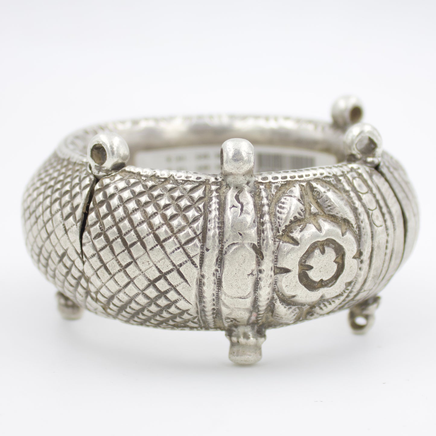 Antique Rajasthani Broad Hand Etched Kada Bangle with Screw in Sterling Silver Circa 1920's Collectors Piece