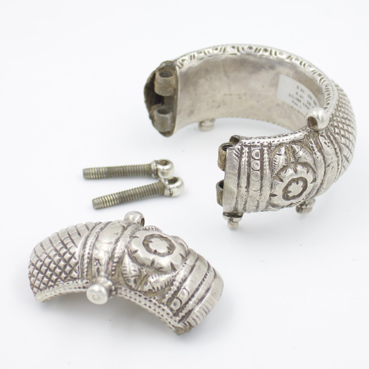 Antique Rajasthani Broad Hand Etched Kada Bangle with Screw in Sterling Silver Circa 1920's Collectors Piece