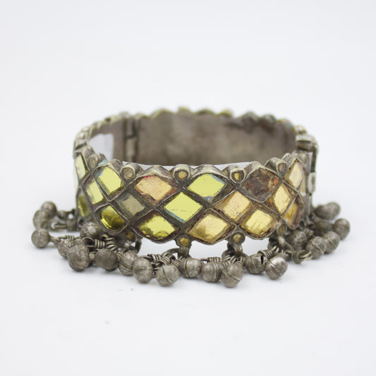 Antique Handmade Barmeri Colored Glass Ghungroo Hinged Kada Bangle in Sterling Silver Circa 1920 Collectors Piece