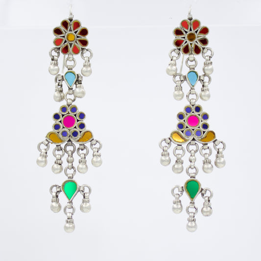 Elegant Long Barmeri Drop Earring with Colored MIrror Work in Sterling Silver