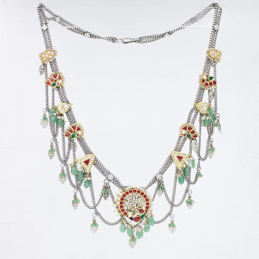 Handmade Rajasthani Two Tone Indian Fusion Tribal Statement Long Necklace with Kundan Work in Sterling Silver