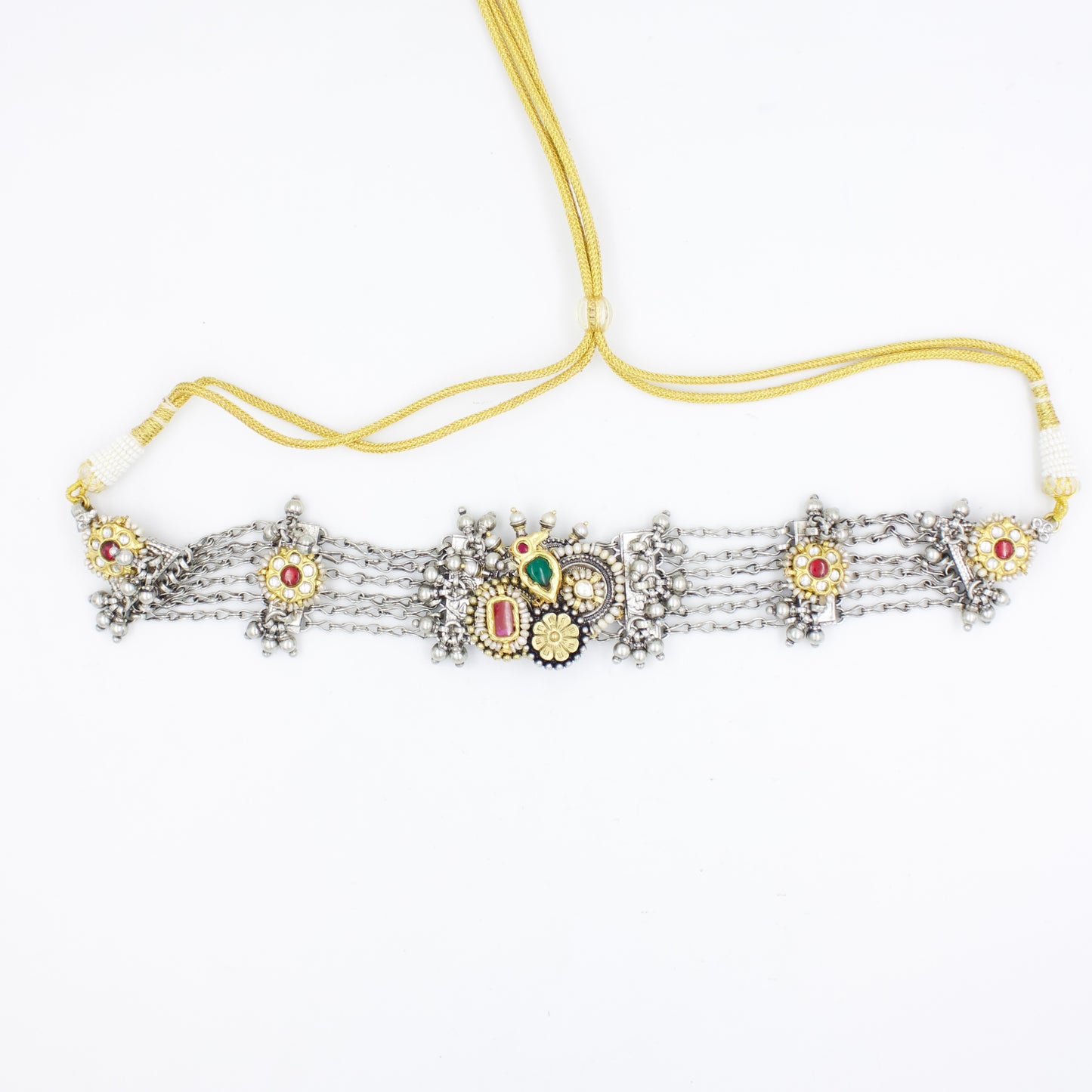 Handmade Rajasthani Two Tone Indian Fusion Tribal Statement Choker Necklace with Kundan Work in Sterling Silver