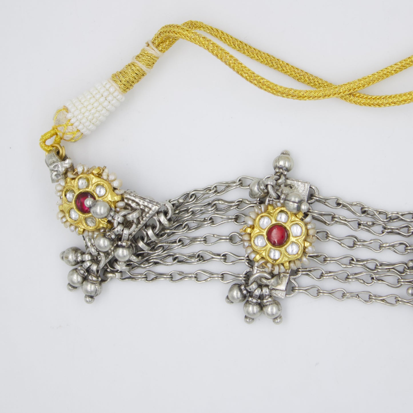 Handmade Rajasthani Two Tone Indian Fusion Tribal Statement Choker Necklace with Kundan Work in Sterling Silver