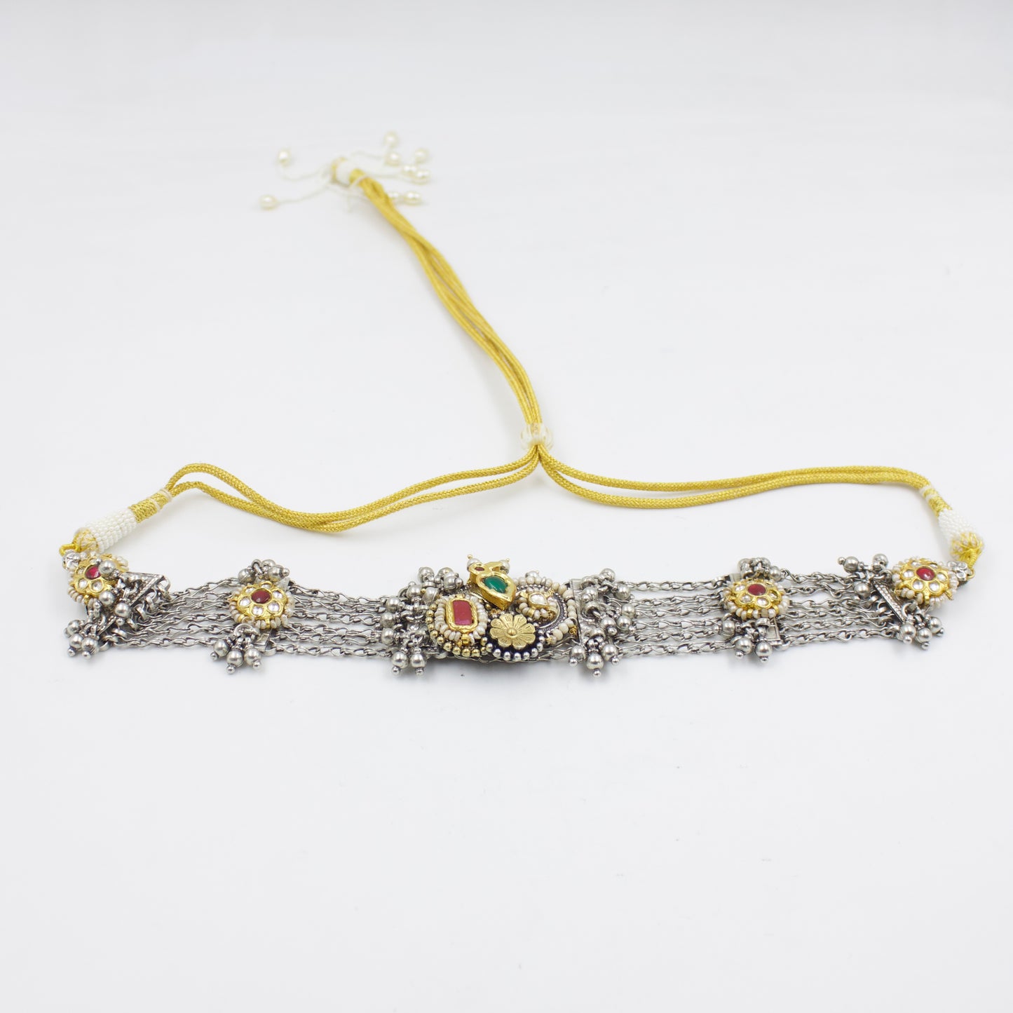 Handmade Rajasthani Two Tone Indian Fusion Tribal Statement Choker Necklace with Kundan Work in Sterling Silver