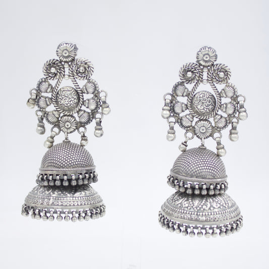 Long Indian Tribal Rajasthani Jhumki / Dome Drop Earring with Chitai Work in Sterling Silver