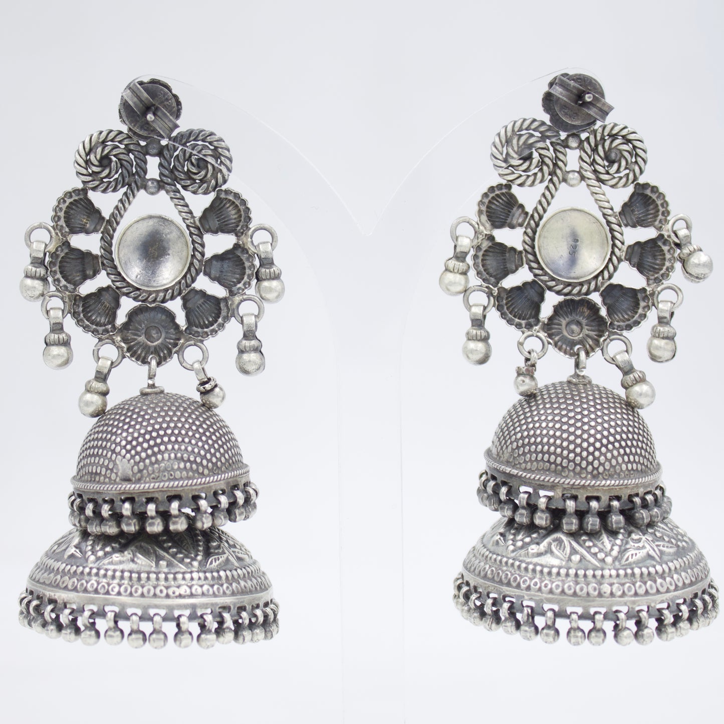 Long Indian Tribal Rajasthani Jhumki / Dome Drop Earring with Chitai Work in Sterling Silver