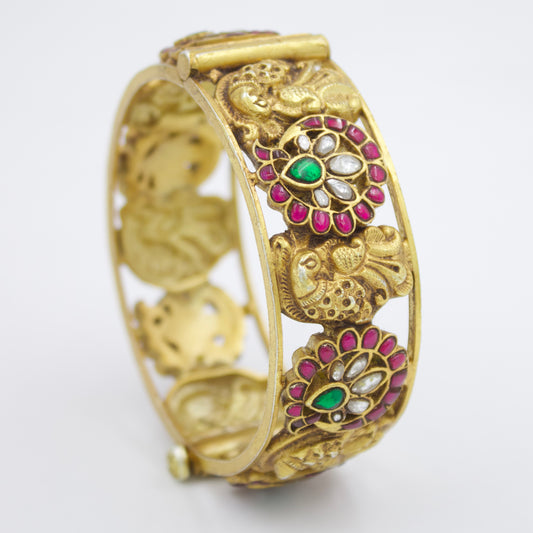 Vintage Handmade Indian Kundan Work Peacock Hinged Kada Bangle in Gold Plated Sterling Silver Size 6.85 Inches