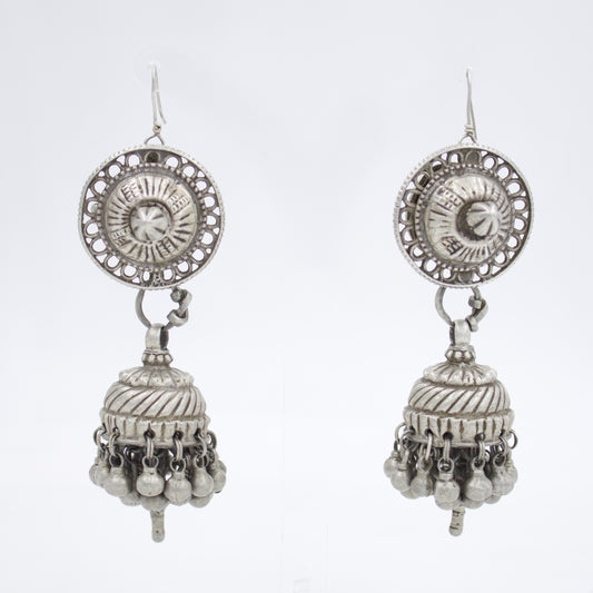 Antique Long Indian Tribal Rajasthani Jhumki / Dome Drop Earring in Silver 1930's Collection Piece Drop Length 3.3 Inches